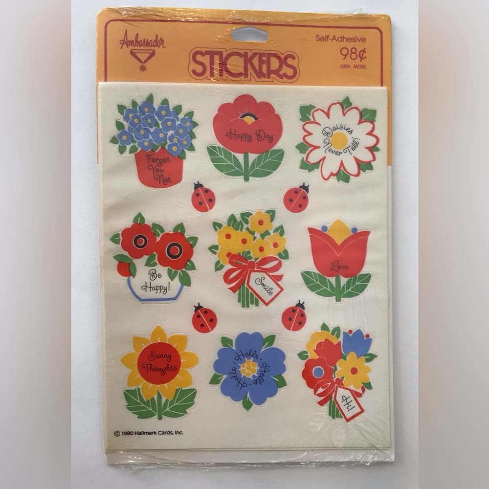 Vintage Ambassador Floral Hallmark Stickers Flower Ladybug Happy 4 Sheets Sealed